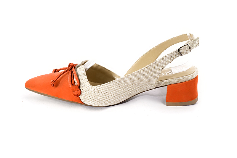 French elegance and refinement for these clementine orange and natural beige dress slingback shoes, with a knot, 
                available in many subtle leather and colour combinations. "The pretty French" spirit of this beautiful pump will accompany your steps nicely and comfortably.
To be personalized or not, with your materials and colors.  
                Matching clutches for parties, ceremonies and weddings.   
                You can customize these shoes to perfectly match your tastes or needs, and have a unique model.  
                Choice of leathers, colours, knots and heels. 
                Wide range of materials and shades carefully chosen.  
                Rich collection of flat, low, mid and high heels.  
                Small and large shoe sizes - Florence KOOIJMAN
